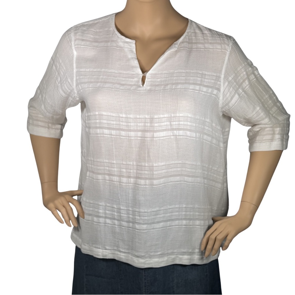 Liz Claiborne Woman White Rayon Linen Textured Split Neck Blouse 2X